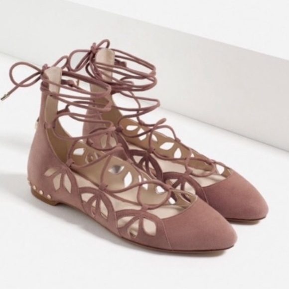 Zara Shoes - Zara Lace-Up Suede Cutout Ballet Flats NWT
